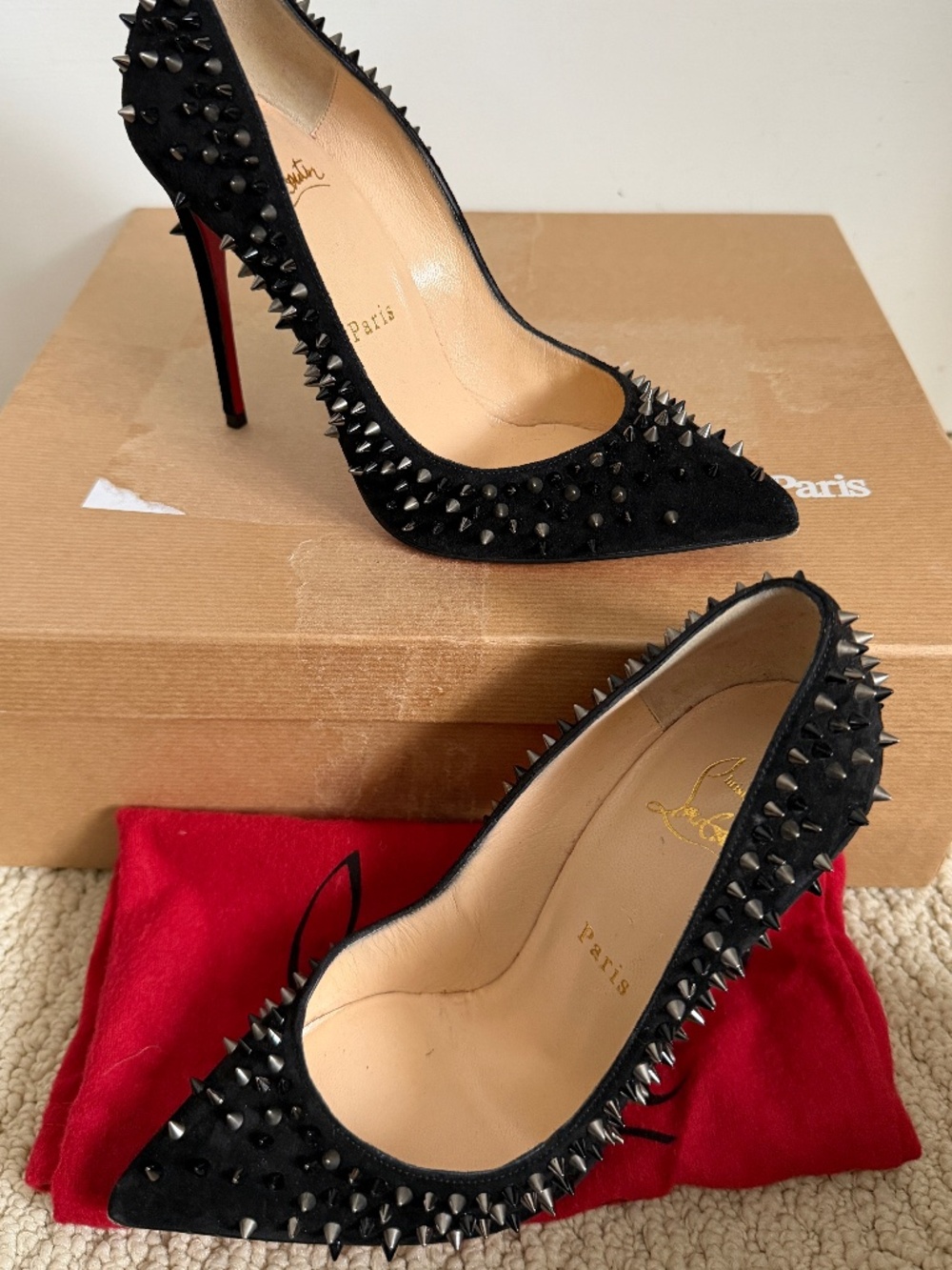 Christian Louboutin Escarpic 100 Black Suede Mini Spikes Pointed Toe Pumps